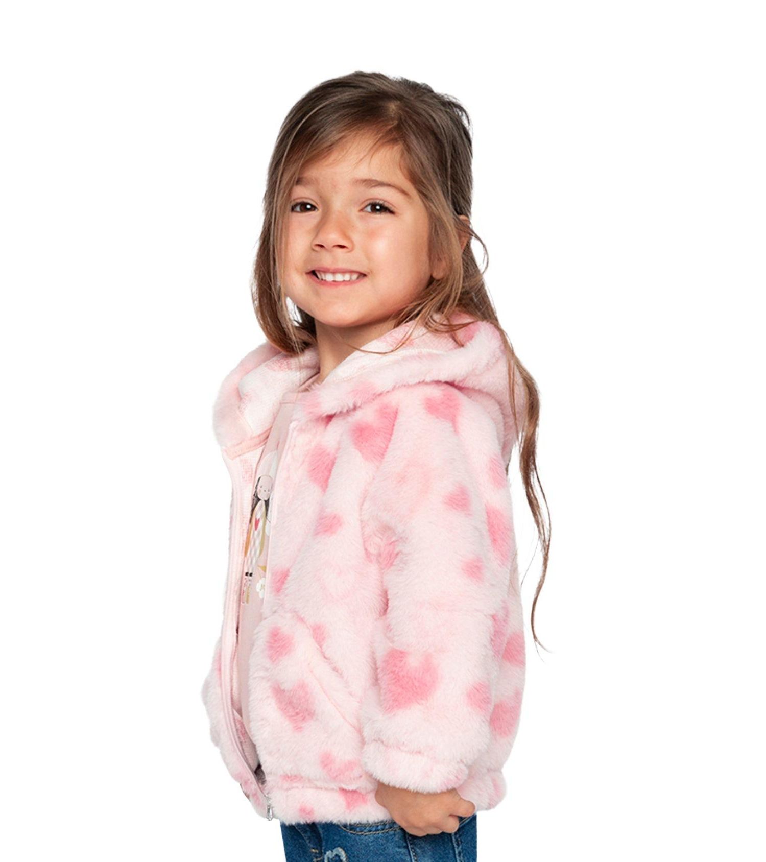 Baby Girl (12M - 24M) Hooded Full Zip Faux Fur Jacket Printed with Hearts