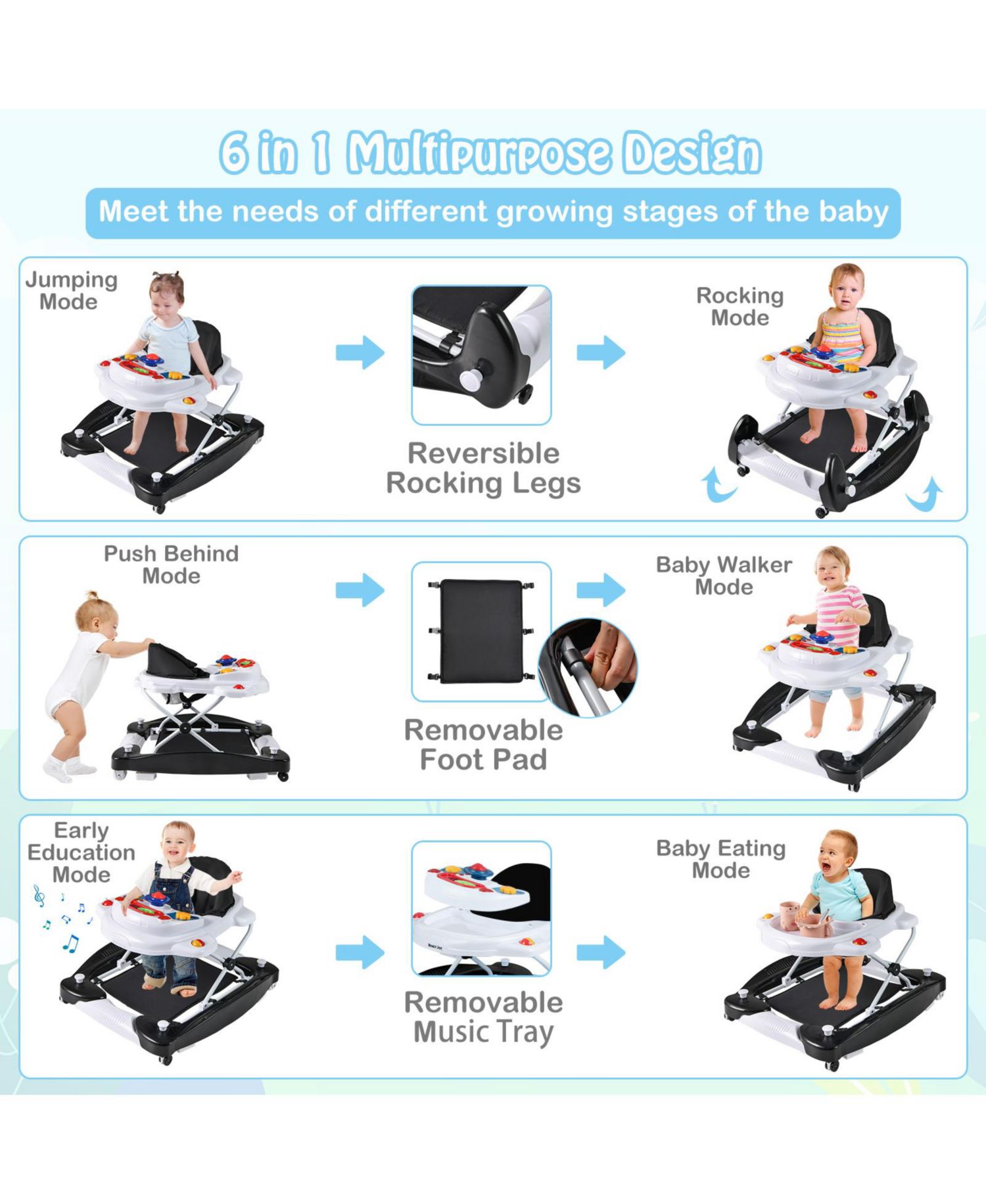 Toddler Baby Walker 6-in-1 Foldable Design with Adjustable Height Support