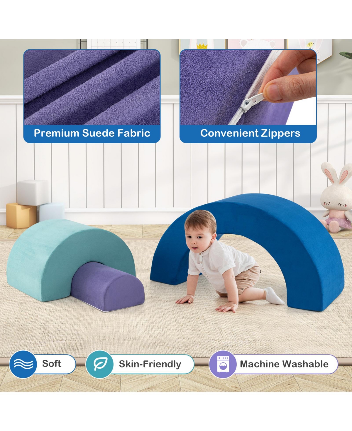 Slickblue Kids Soft Foam Climber Set with Rainbow Arc Design and Removable Covers