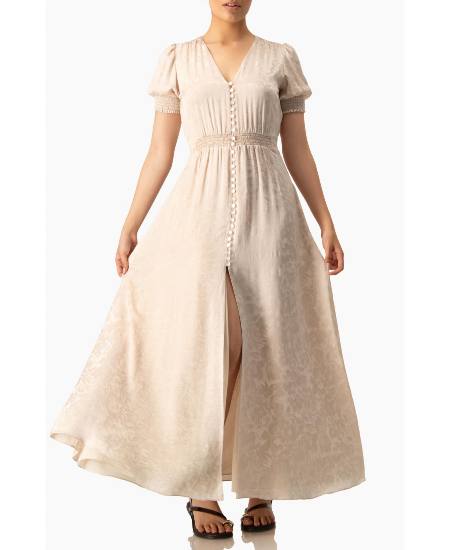 Women's Jacquard Satin Button-Front Maxi Dress with Puff Sleeve and Smocked Waist