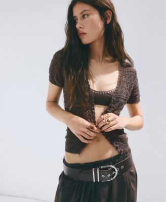 Women's Short-Sleeve Open-Knit Cardigan Sweater
