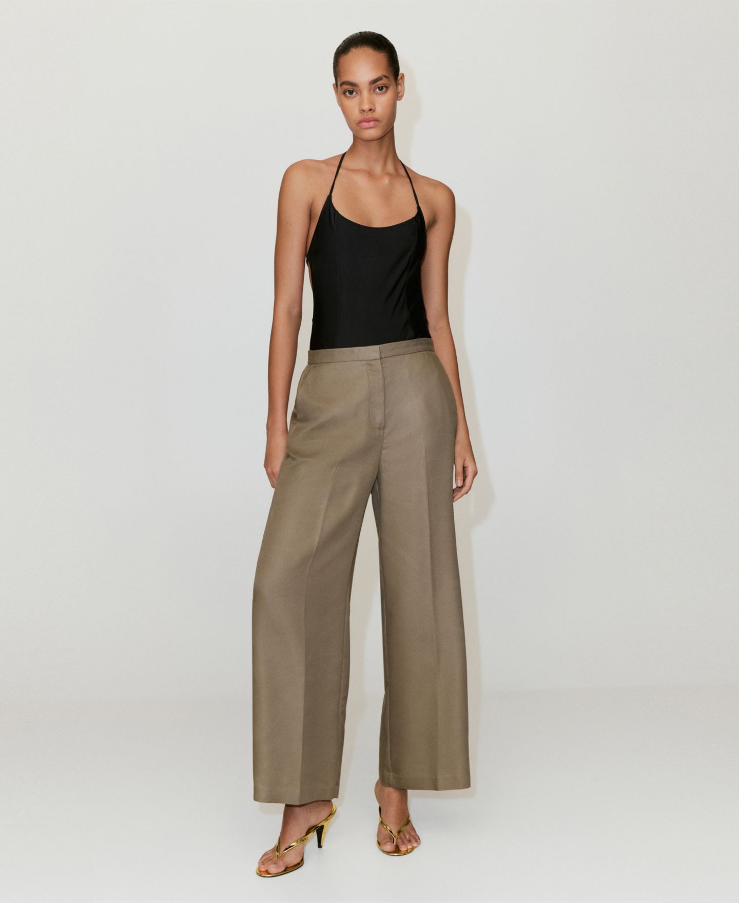 Женские брюки MANGO High-Waisted Lyocell, цвет: Бежевый / Хаки — фото 7