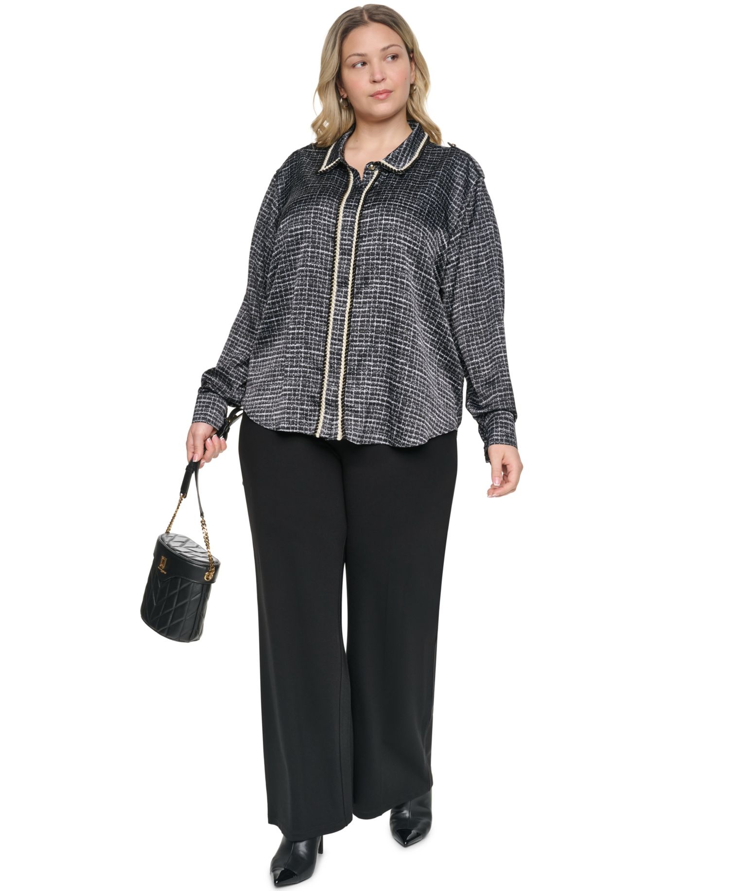 Plus Size Tweed Print Collared Long-Sleeve Top