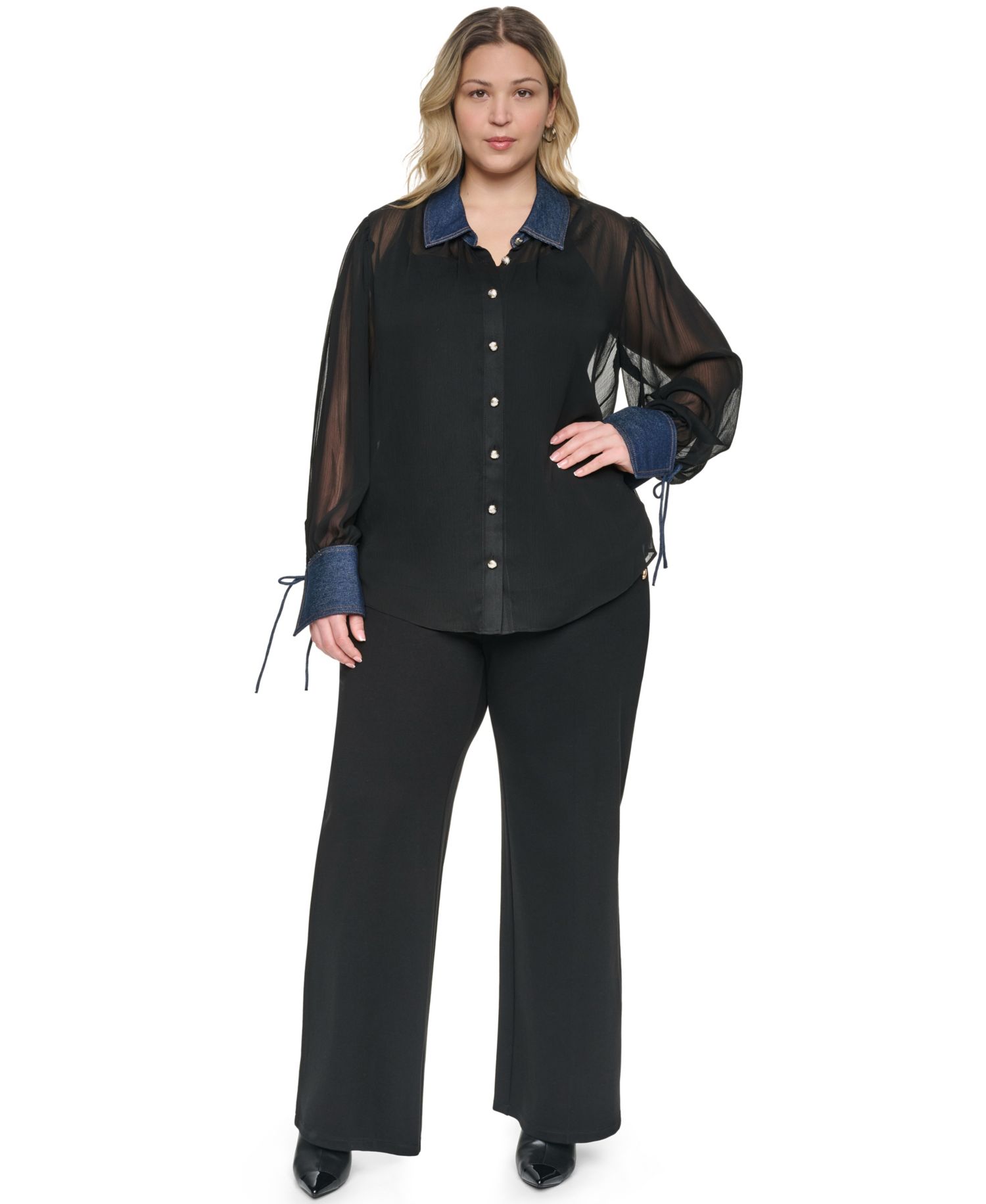 Plus Size Mixed Media Collared Button-Front Top