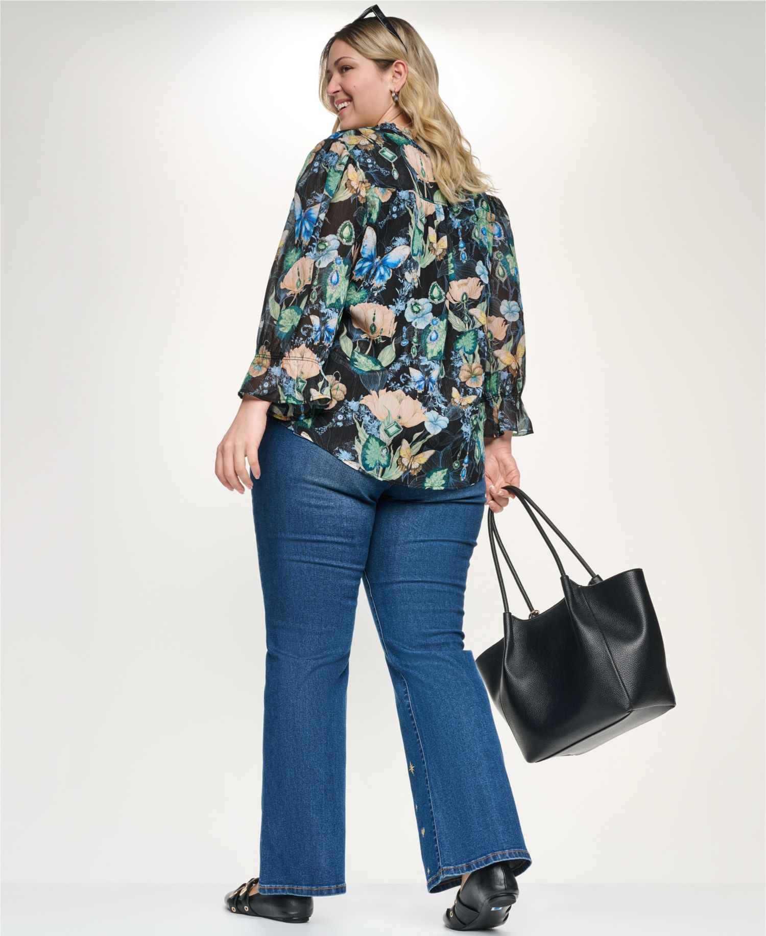 Plus Size Printed Collared Long-Sleeve Top