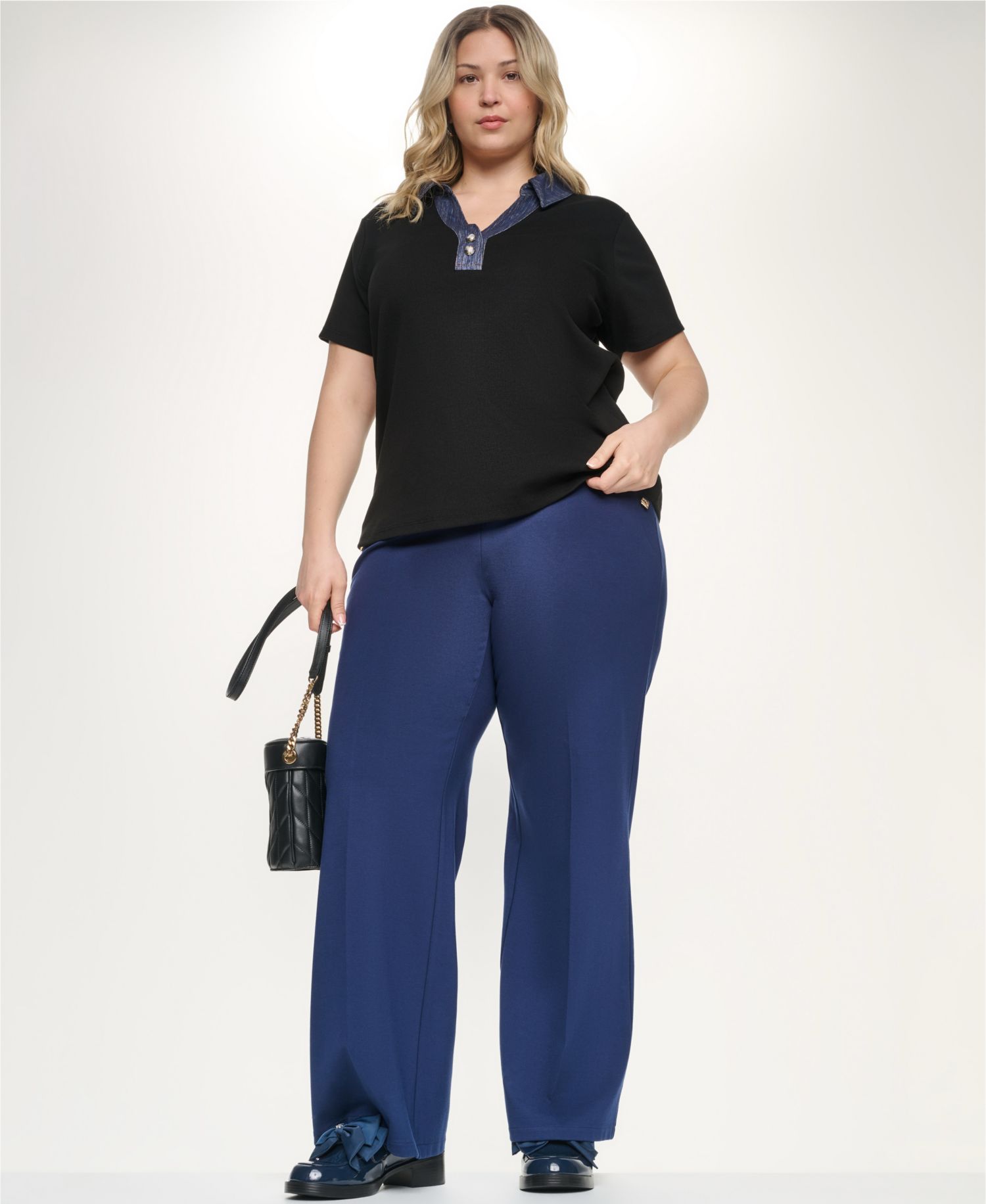 Plus Size Collared Short Sleeve Pull-On Top