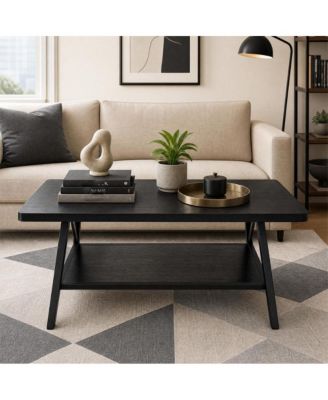 Industrial Coffee Table - 39" Rectangle Small Table with 2-Tier Storage Shelf, Round Corners, Easy Assembly, for Living Room Apartment