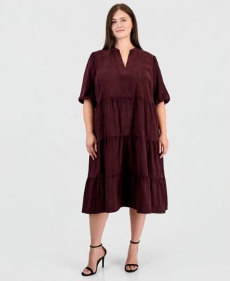 Plus Size Corduroy Puff-Sleeve Tiered Dress