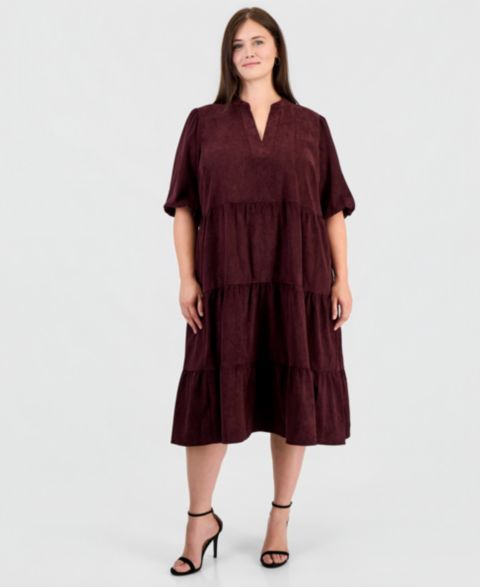 Женское платье Robbie Bee Plus Size Corduroy Puff-Sleeve Tiered, цвет: Винный