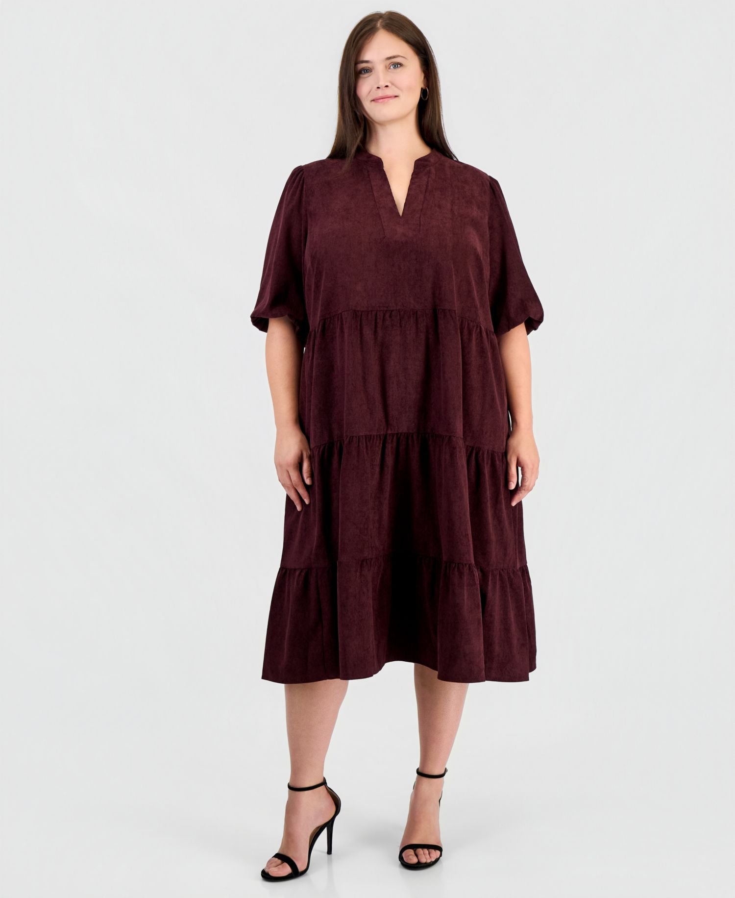 Plus Size Corduroy Puff-Sleeve Tiered Dress