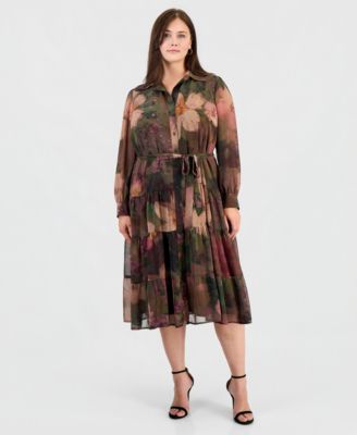 Plus Size Long-Sleeve Floral-Print Tiered Shirt Dress