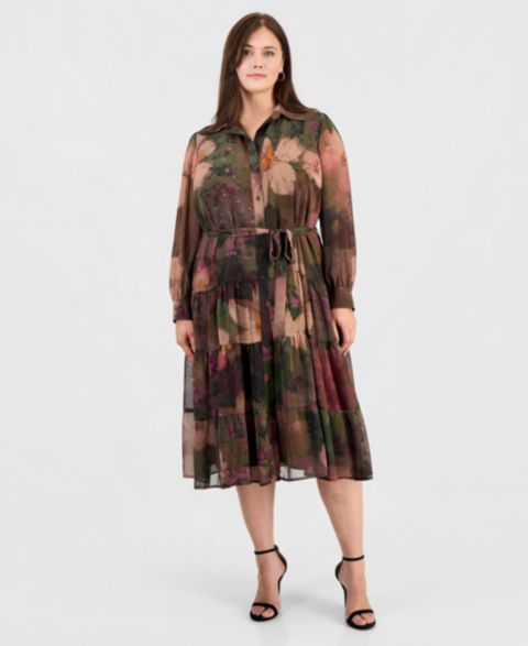 Женское платье Robbie Bee Plus Size Long-Sleeve Floral-Print Tiered Shirt Dress, цвет: Ржавый