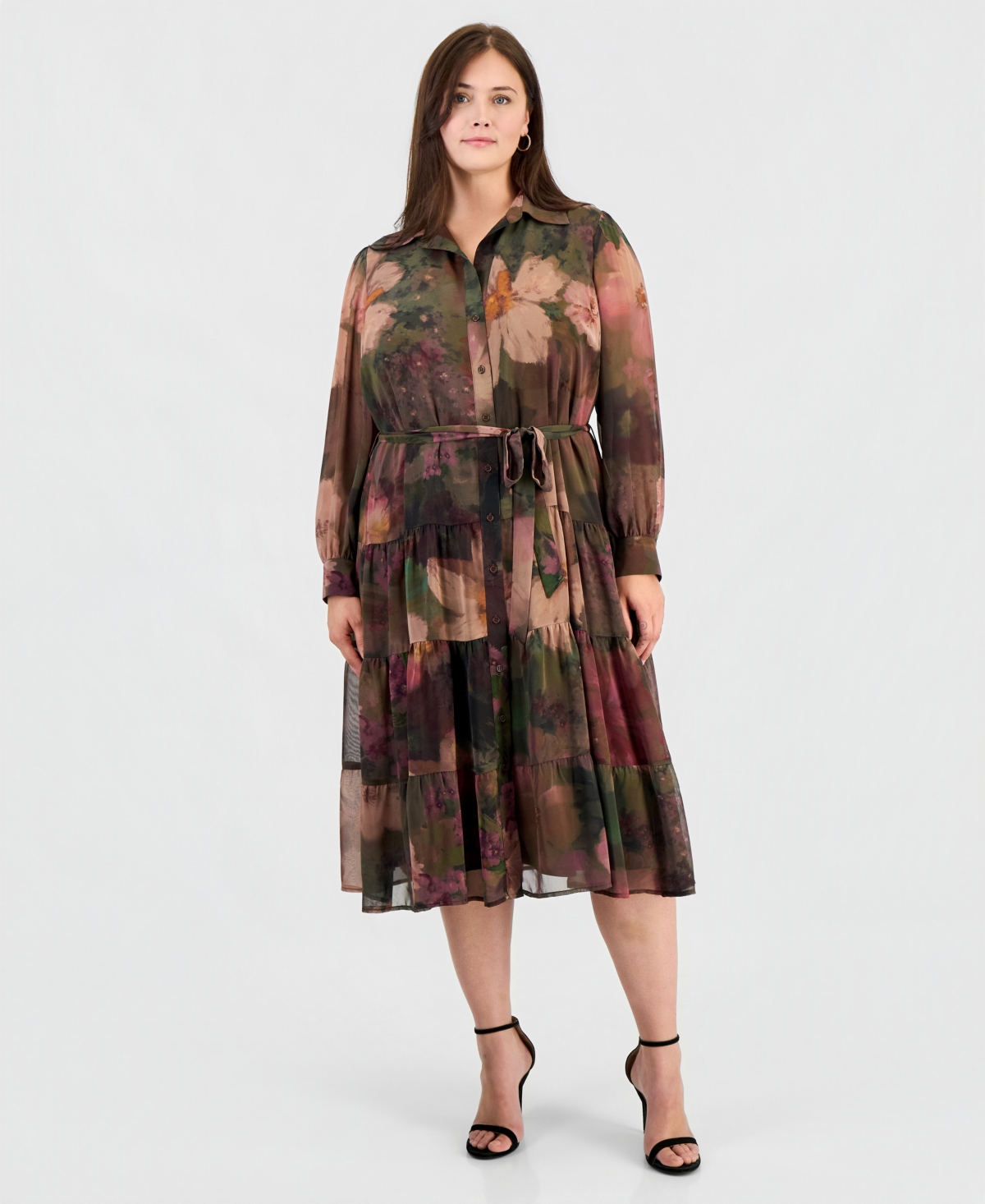 Robbie Bee Plus Long-Sleeve Floral-Print Tiered Shirt Dress