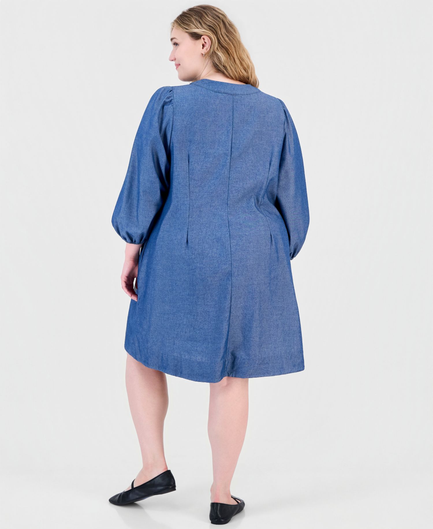 Plus Size Denim V-Neck Long-Sleeve Shift Dress