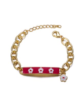 14k Yellow Gold Plated Bar Bracelet with Hot Pink Enamel and a Flower Charm for Kids
