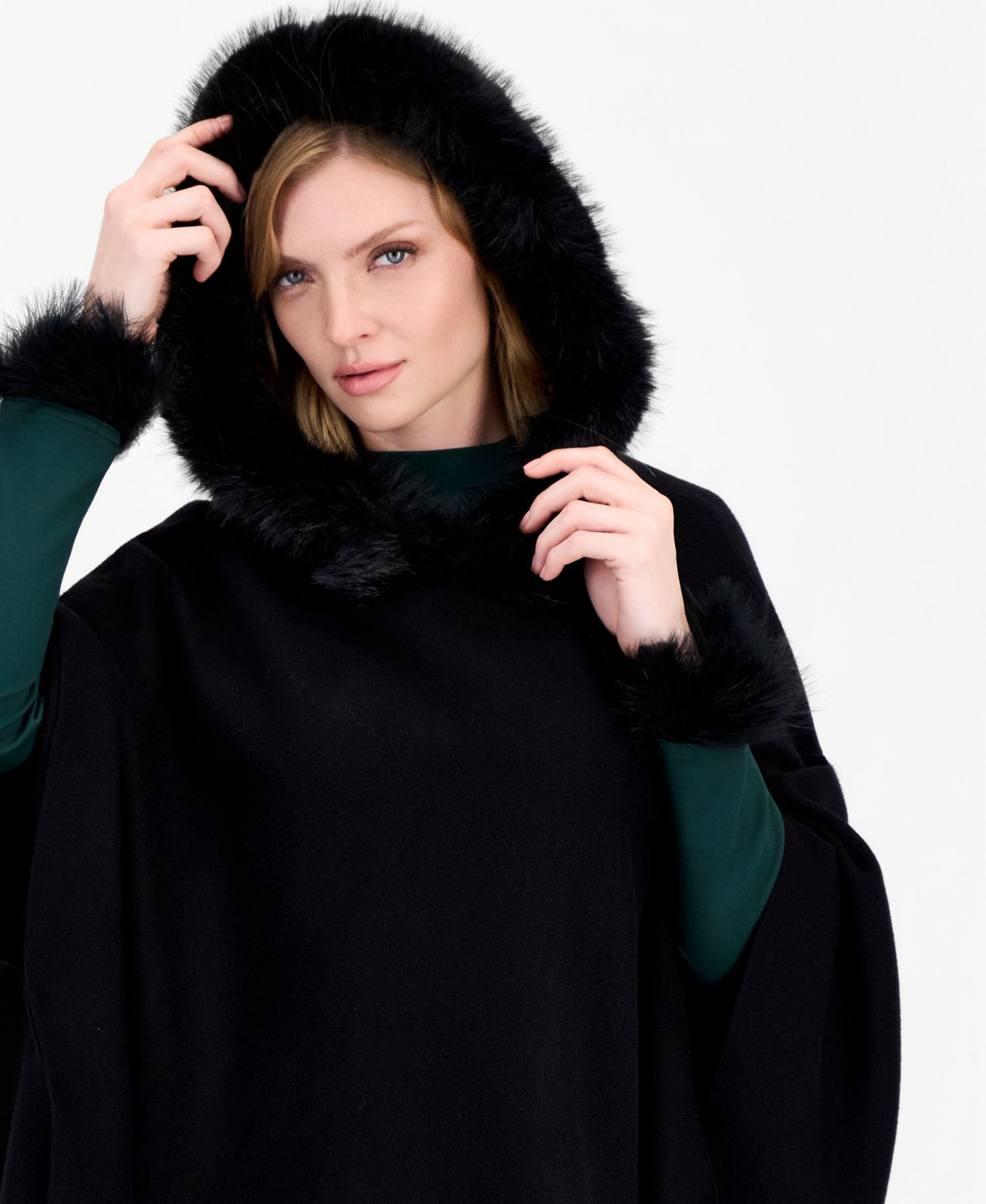 Women's Hooded Faux-Fur Trim Cape