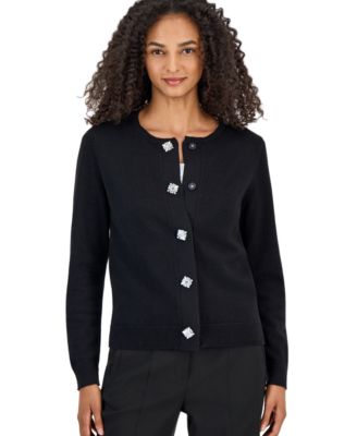 Petite Novelty Button Long-Sleeve Scoop Neck Cardigan Sweater