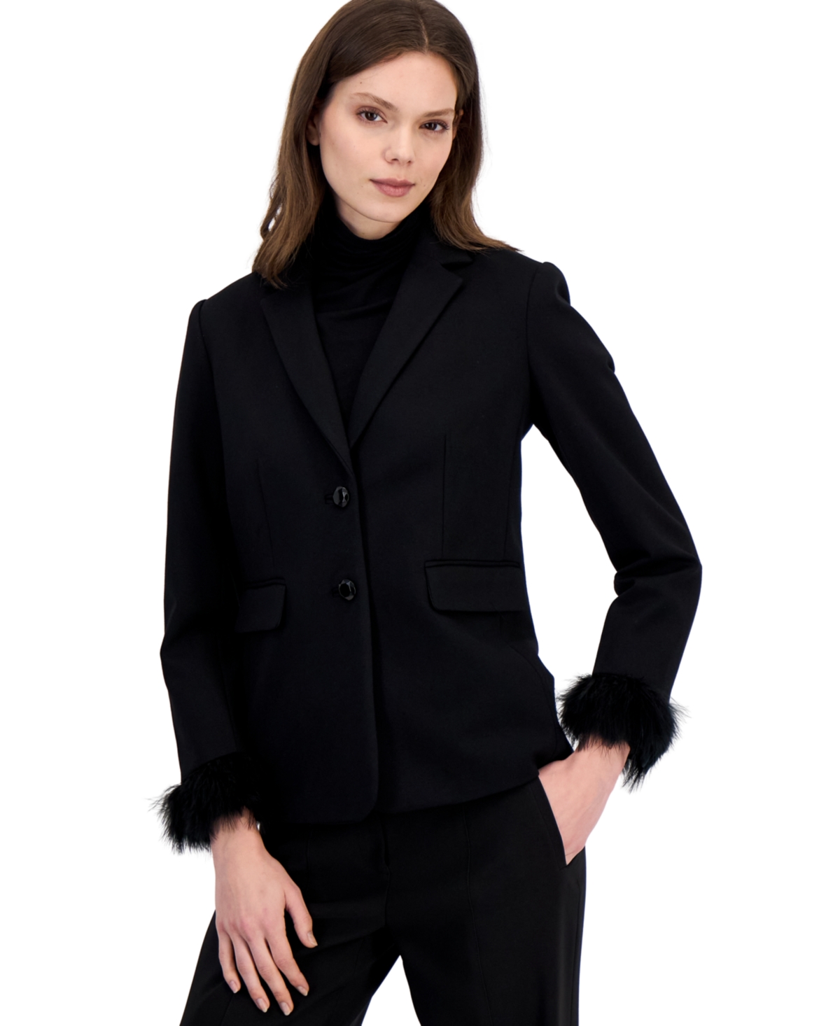 Anne Klein Women's Feather Trim Notched Collar Blazer - Anne Black