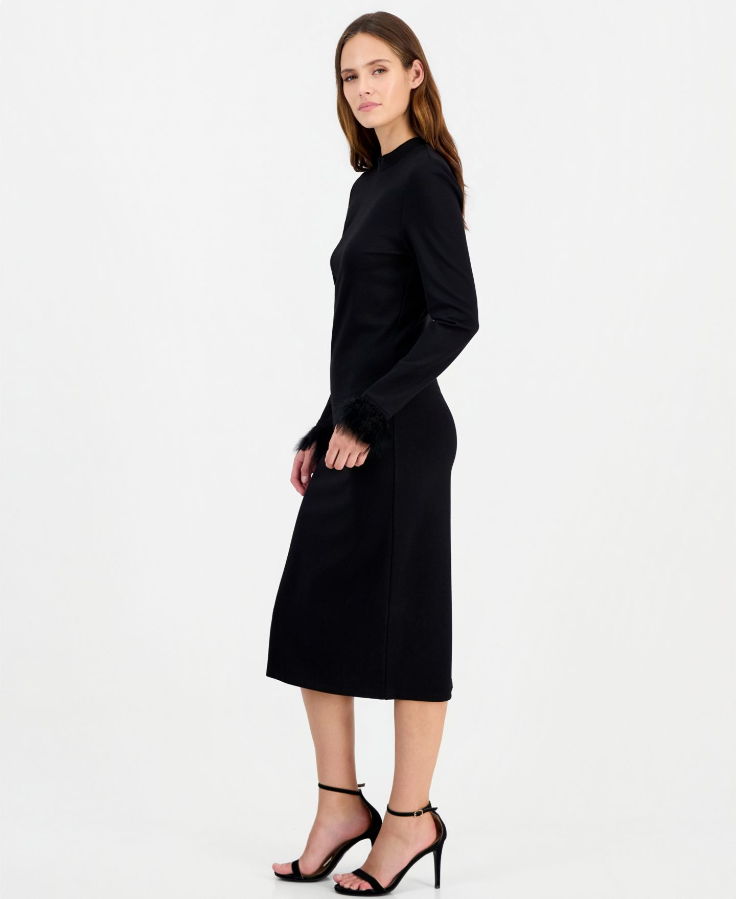 Женское платье Anne Klein Feather Trim Sheath Long-Sleeve Mock-Neck Midi, цвет: Чёрный — фото 3
