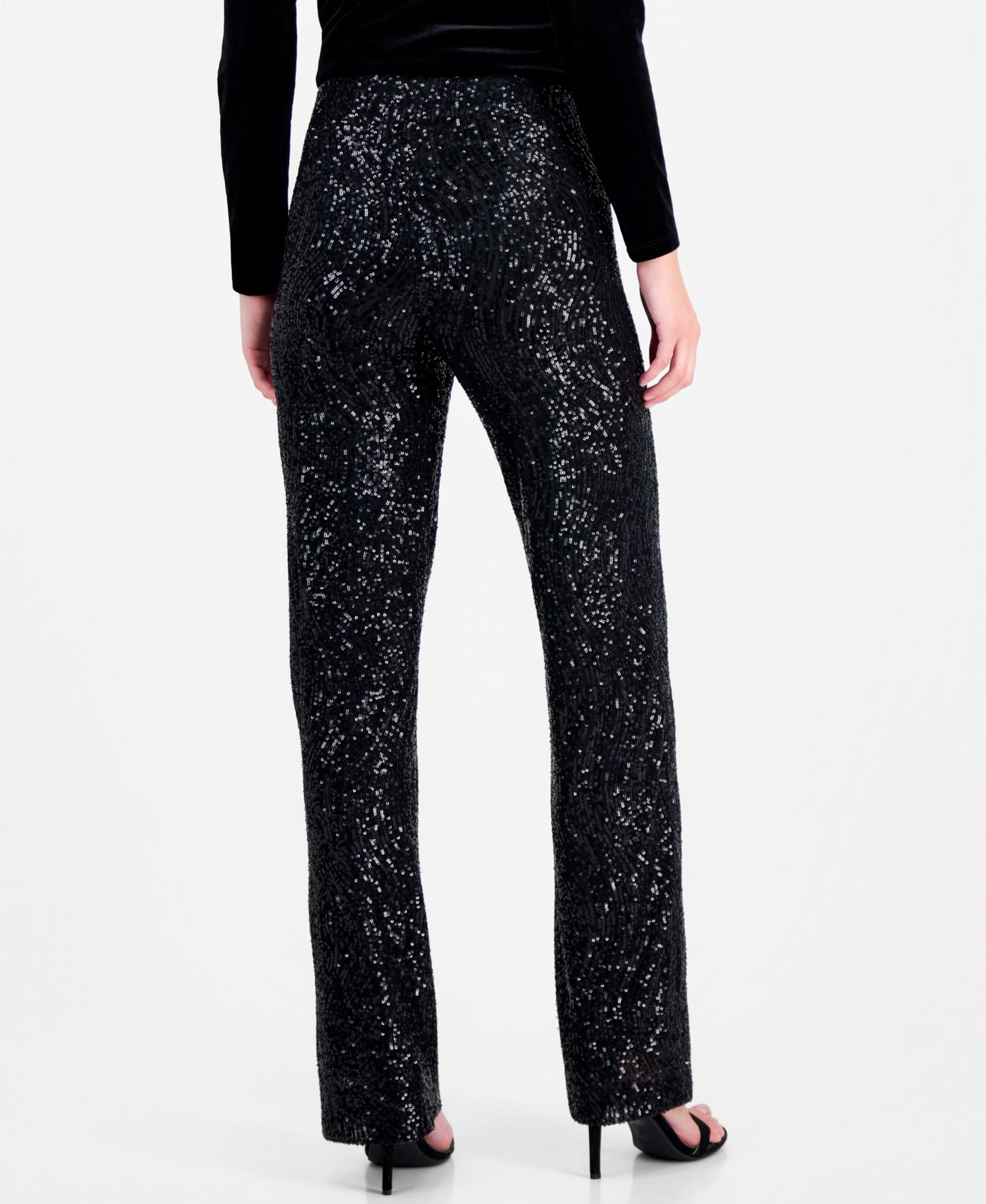 Women's Pull-On High-Waisted Wide-Leg Sequin Mesh Pants