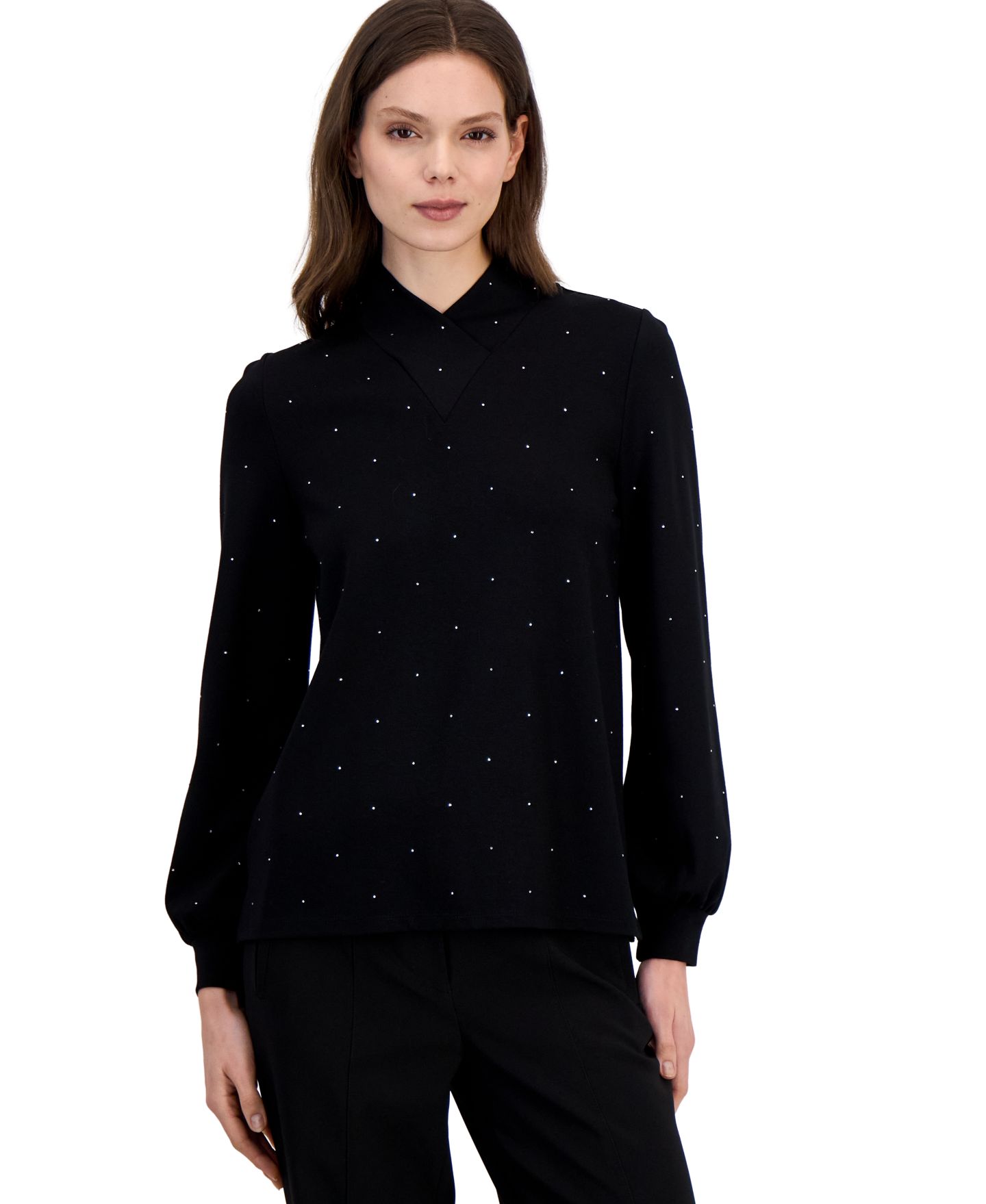 Женская блузка Anne Klein Cowl Neck Puff Sleeve Rhinestone, цвет: Чёрный — фото 1