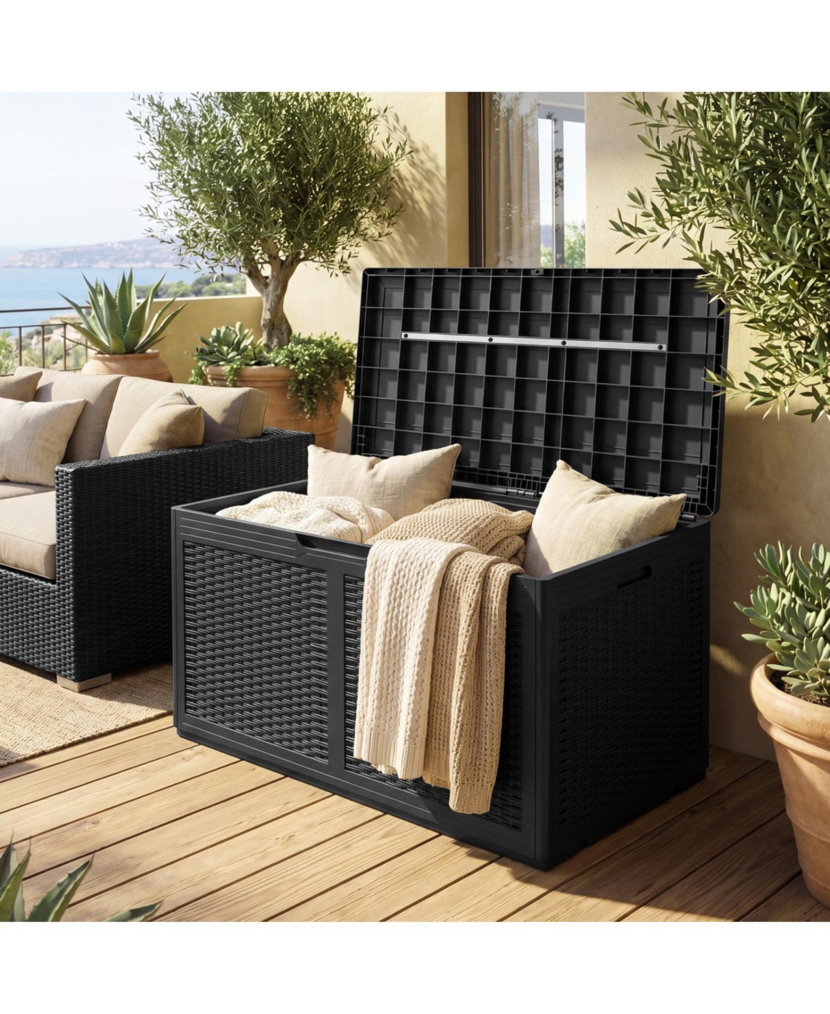 Slickblue 100 Gallon Outdoor Storage Bench Resin Deck Box with Lid