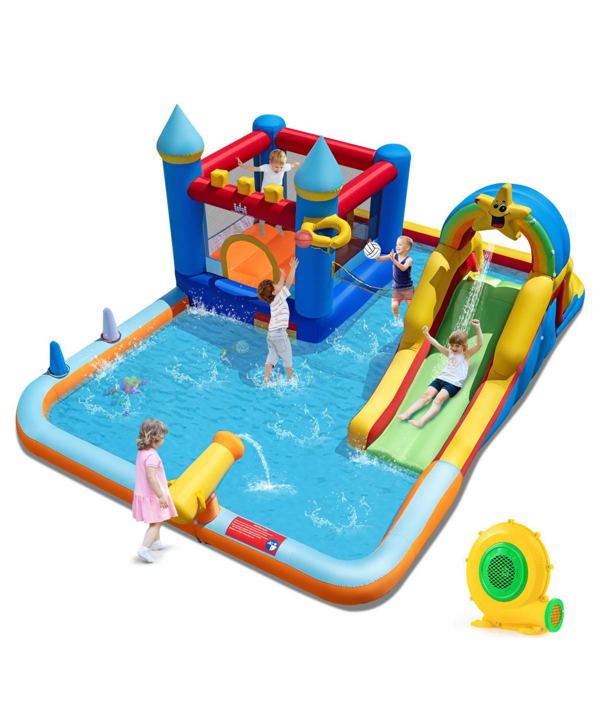 Gymax Giant Water Slide Bounce House with Climbing Wall Splash Pool and Basketball Hoop