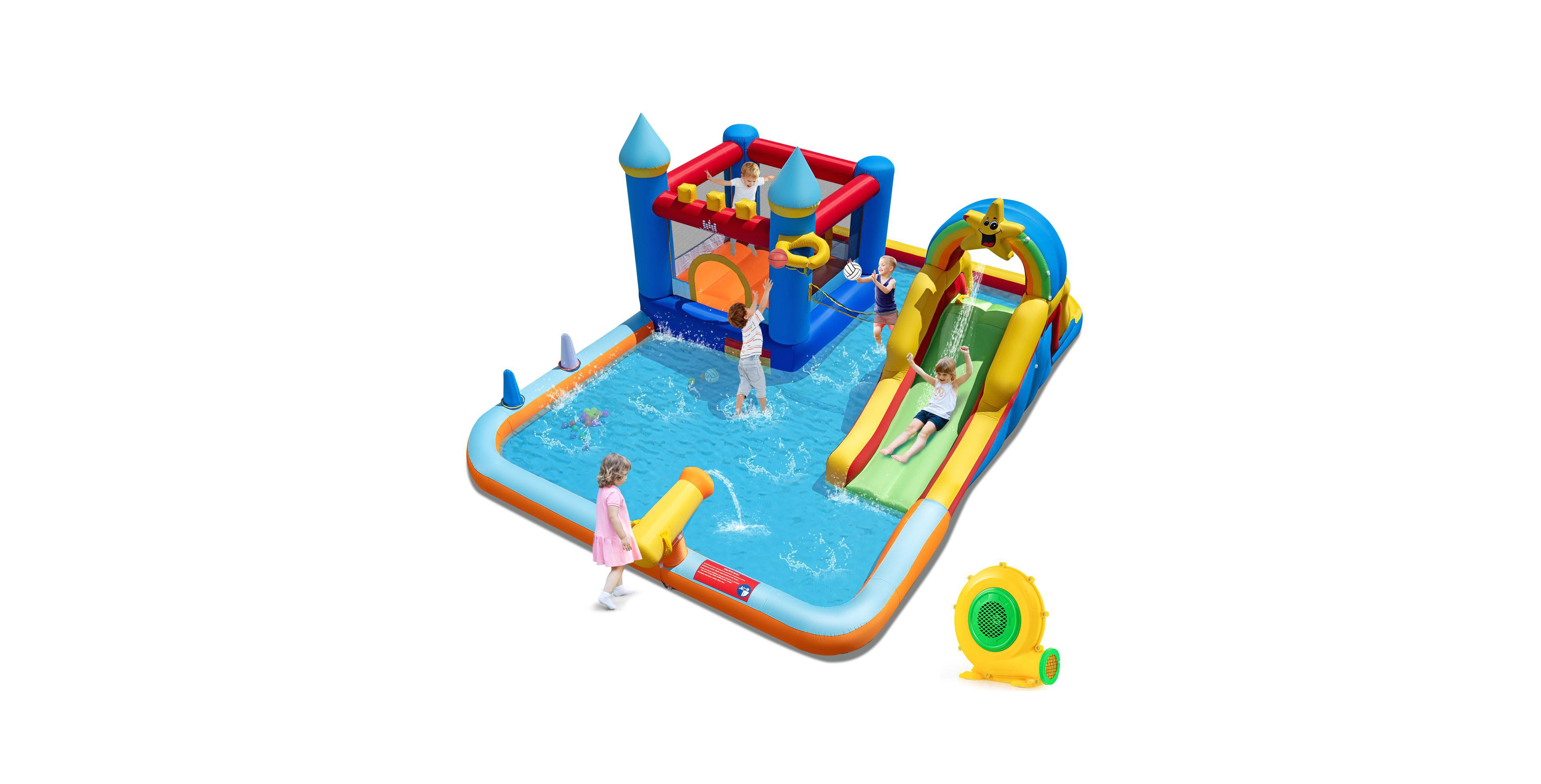 Gymax Giant Water Slide Bounce House with Climbing Wall Splash Pool and Basketball Hoop