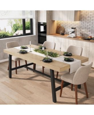 Dining Table and Chairs Set, 71 Inch Wood Metal Farmhouse Table with 4 Linen Upholstered Chairs