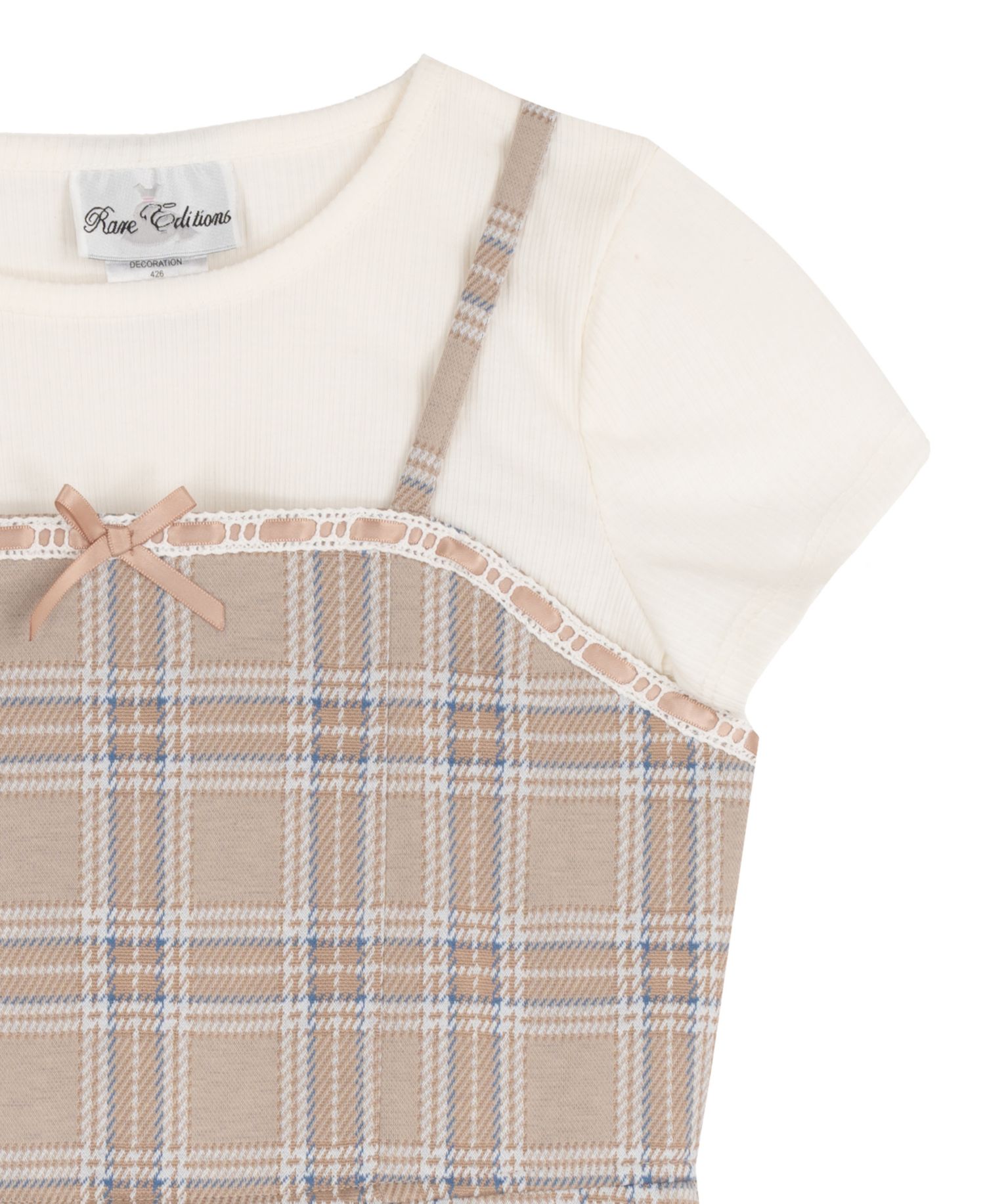 Girls' 7-16 Short-Sleeve T-Shirt and Plaid Woven Overlap Skirt Romper, 2-Piece Set