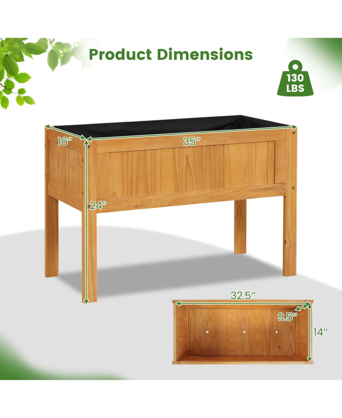 Costway Wooden Raised Garden Bed Elevated Planter Box with Bed Liner and Drainage Holes