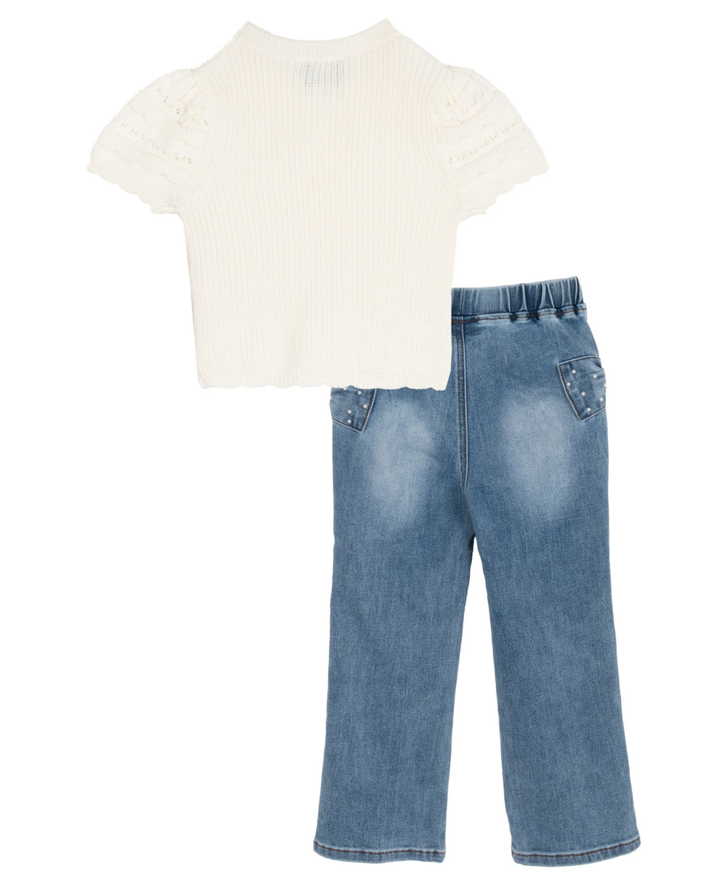 Rare Editions Girls' 2T-6X Crochet Knit Top and Bow Detail Rib Knit Jeans, 2-Piece Set, цвет: Слоновая кость — фото 5