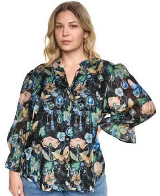 Plus Size Printed Collared Long-Sleeve Top