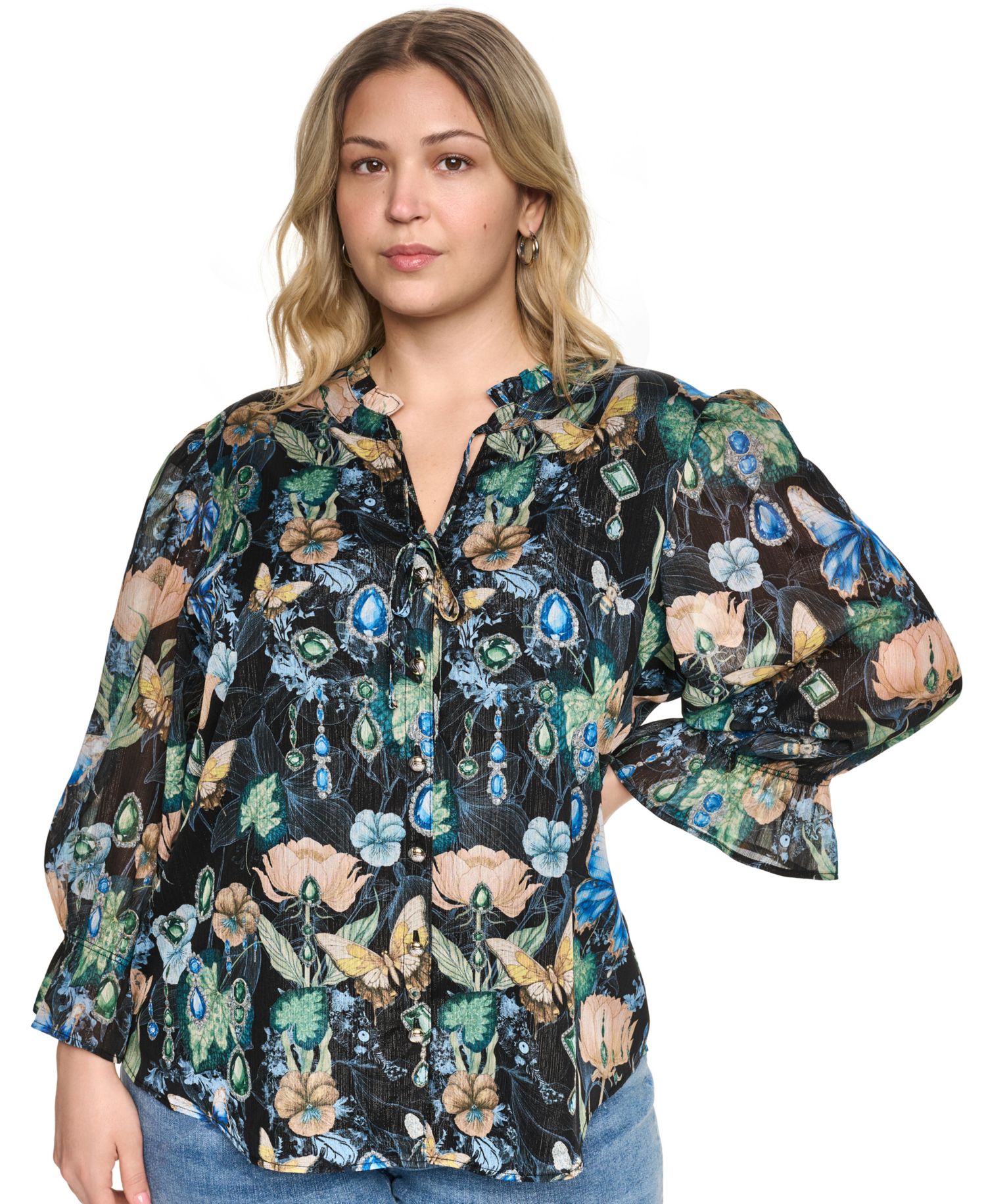 Plus Size Printed Collared Long-Sleeve Top