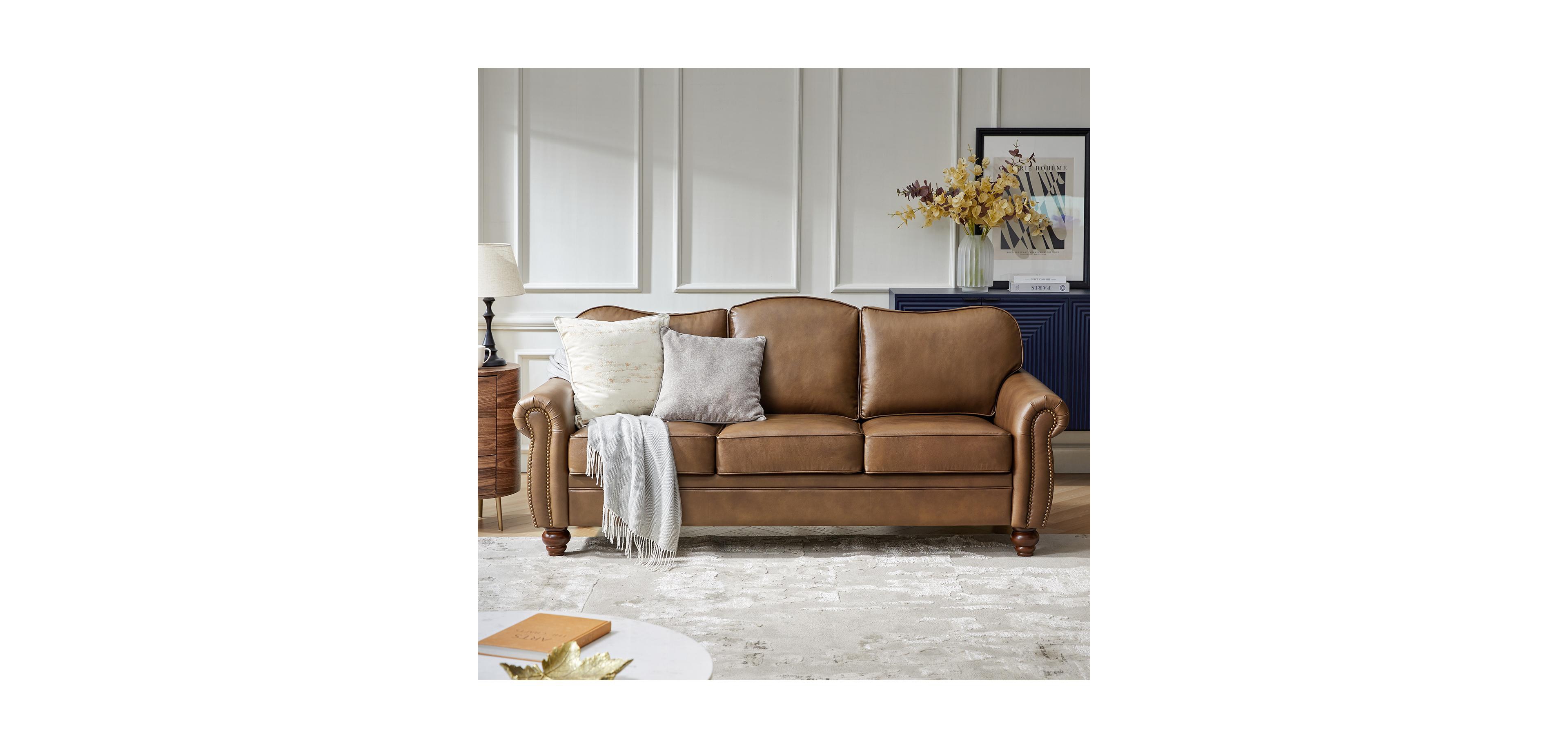 Hulala Home Dielle Transitional 81" Wide Leather Sofa with Solid Wood Legs