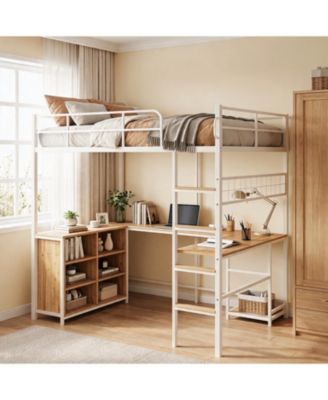 Loft Bed with Metal Frame Large Desk Surface, Open Baskets, PC Stand, Elevated, Durable, Sturdy, Compact Bed for Rooms