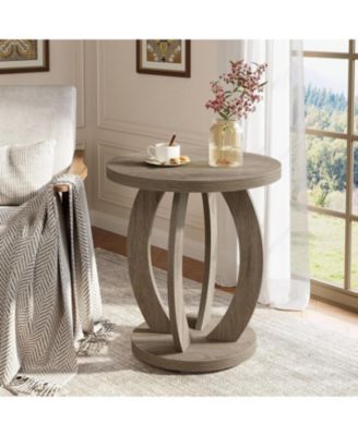 End Table, Round Side Table with Storage, Farmhouse Nightstand Bedside with Round Tabletop