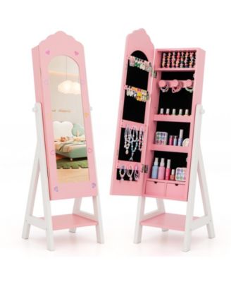 Kids Jewelry Cabinet with Full-Length Mirror, Freestanding Jewelry Armoire Organizer for Girls