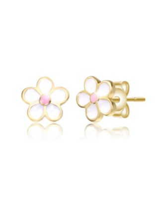 Sterling Silver 14K Gold Plated Enamel Inlay Flower Earrings