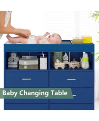 Baby Changing Table Dresser with 6 Drawers, LED Light, Charging Station and Power Outlet, Nursery Storage Organizer with Changing Pad