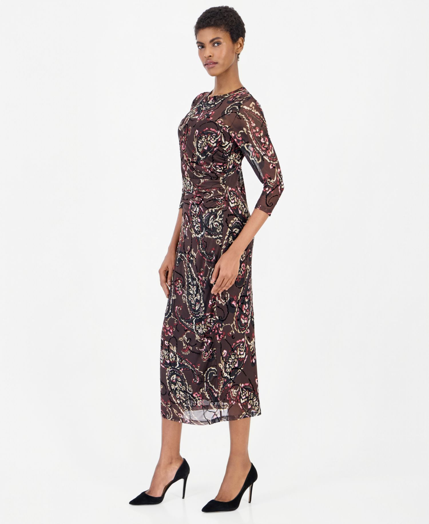 Women's Paisley-Print Side-Ruched Midi Dress