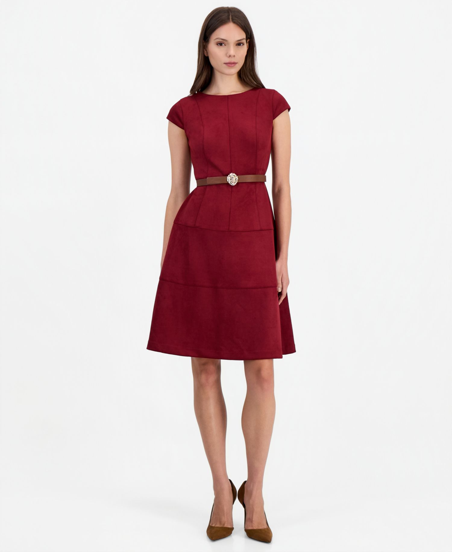 Petite Heritage A-Line Boat Neck Belted Suede Dress