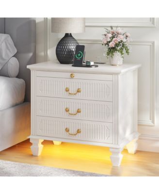 25.6" Solid Wood Nightstand with 4 Drawers, Charging Station and LED Light