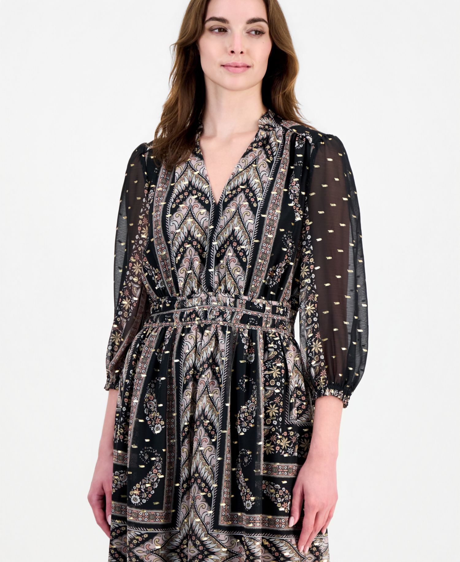 Women's Long-Sleeve V-Neck Smocked Ruffle Midi Dress
