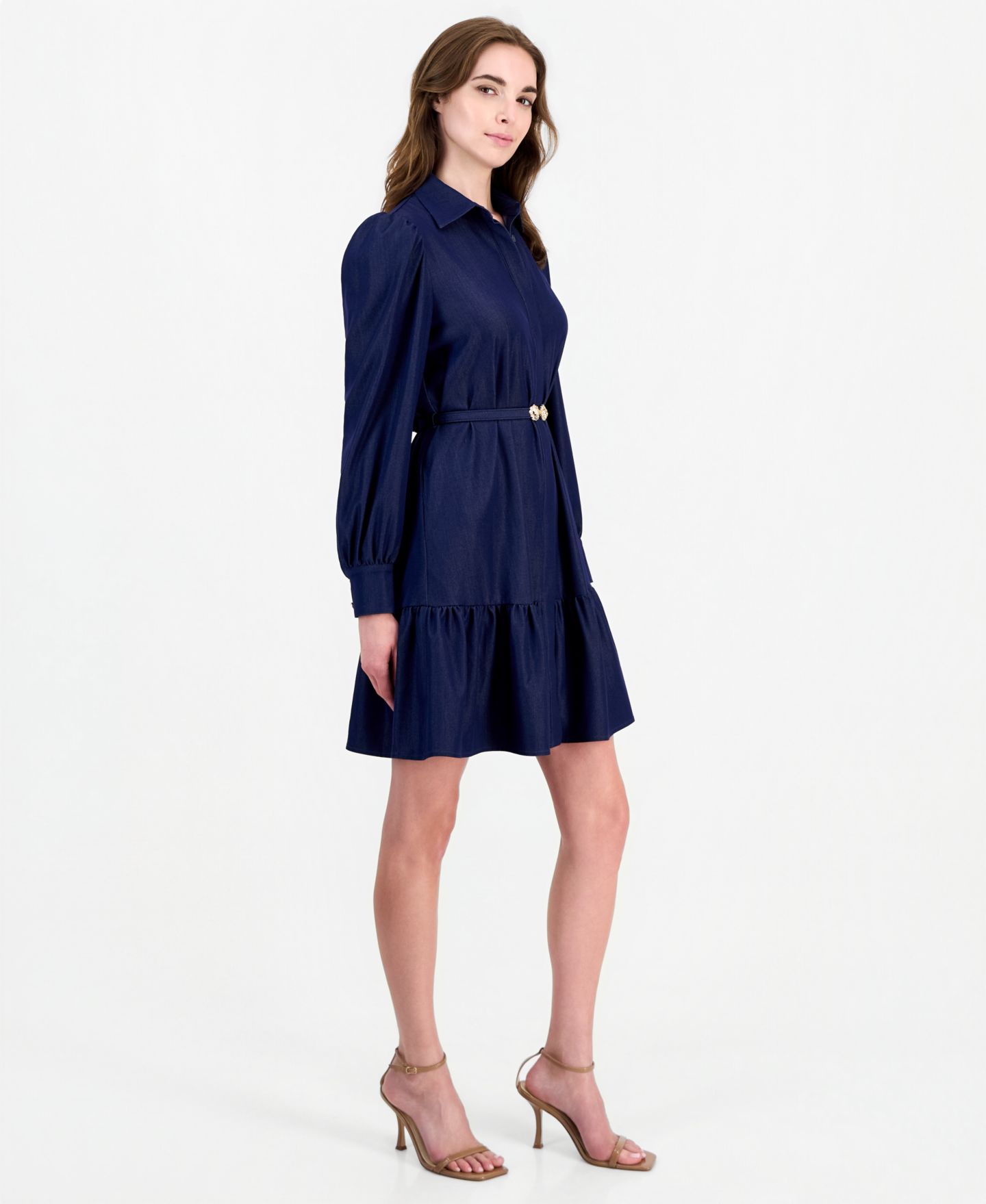 Женское джинсовое платье-рубашка Anne Klein с ярусами и длинным рукавом, цвет: Искусственный — фото 5