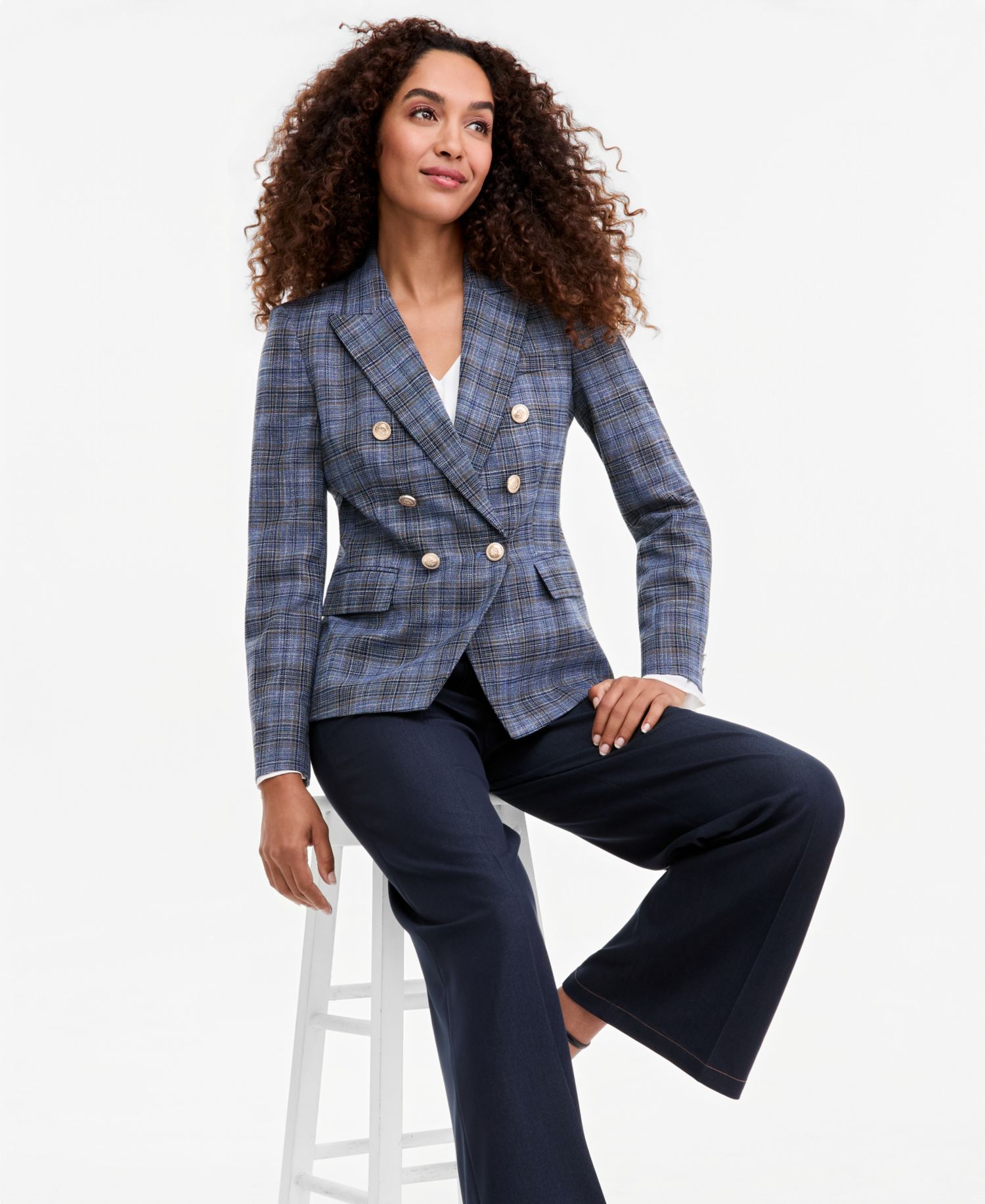 Women's Plaid Double Breasted Blazer, V-Neck Ruffle-Front Long-Sleeve Blouse & Wide-Leg Mid-Rise Denim Pants