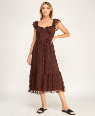 junior formal dresses with sleeves ROW A Juniors' Sweetheart-Neck Flutter-Sleeve Lace Midi Dress Color_Mint Green
