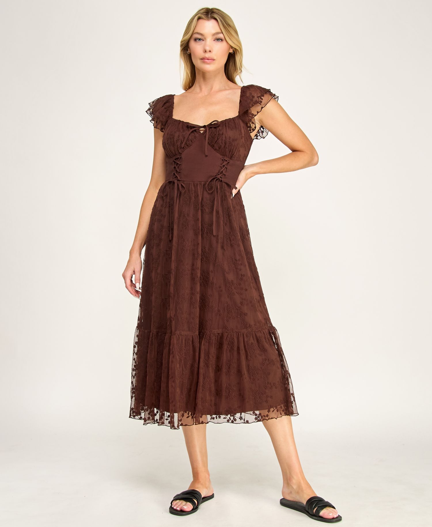 Juniors' Sweetheart-Neck Flutter-Sleeve Lace Midi Dress