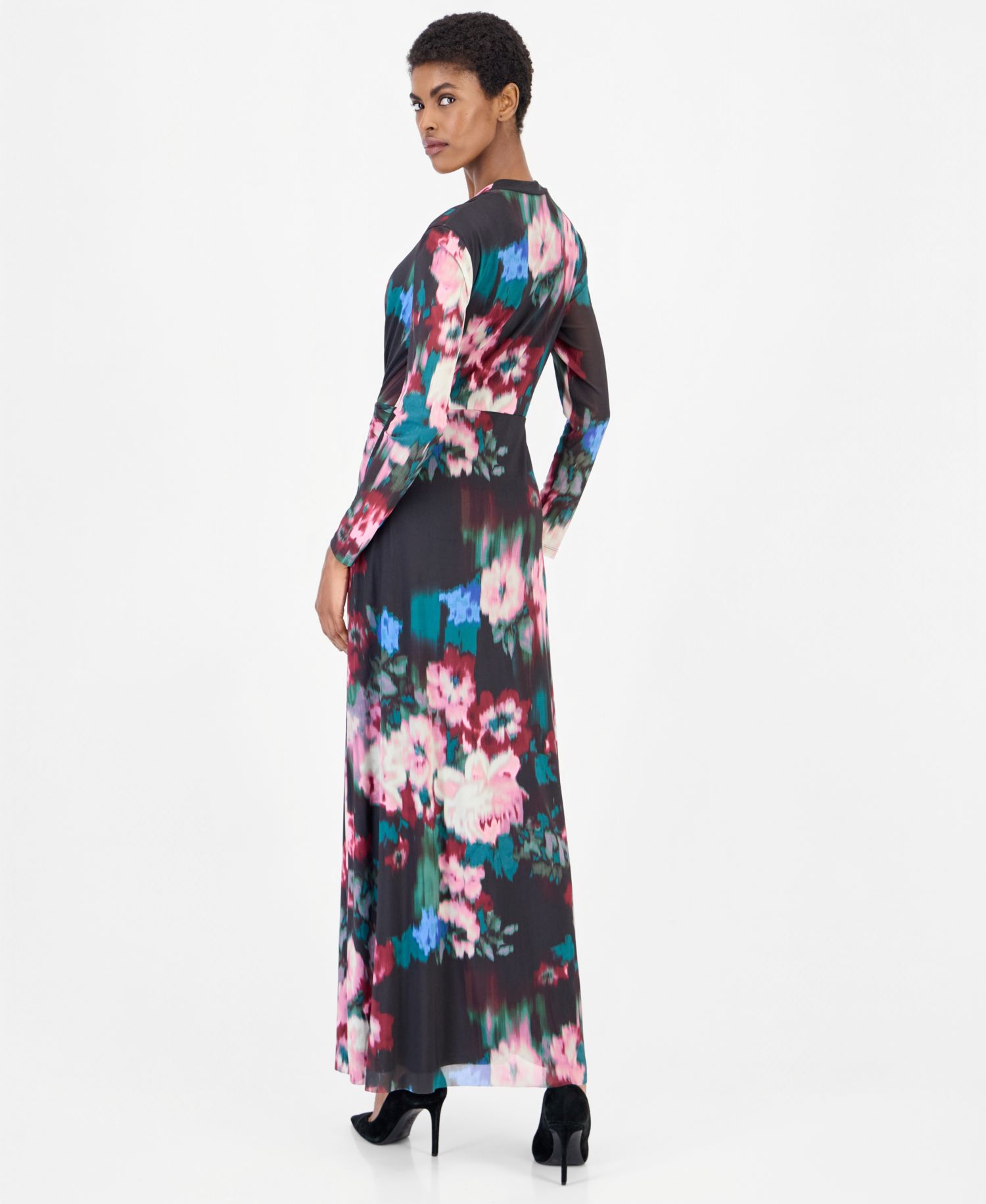 Plus Twist Front Maxi Floral Long-Sleeve A-Line Dress