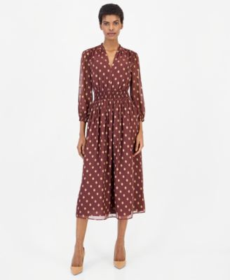 Women's Polka-Dot Ruffle Smocked-Waist Midi Dress
